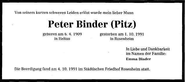 Binder Peter 1909-1991 Todesanzeige